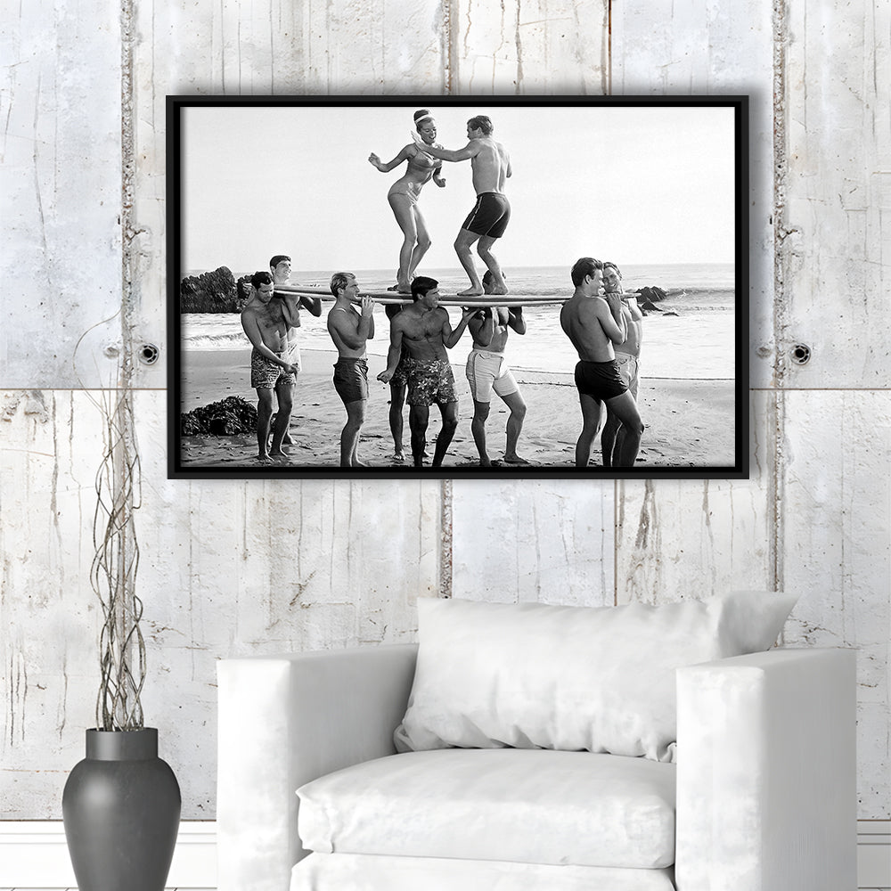Surfers Beach Party Print, Black and White Wall Art, Summer Beach House Decor, Floating Framed Canvas Print