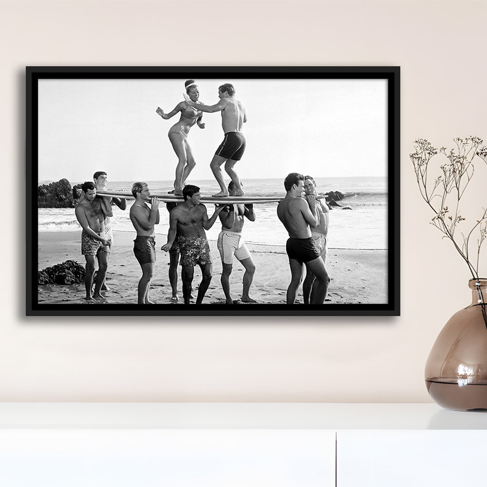 Surfers Beach Party Print, Black and White Wall Art, Summer Beach House Decor, Floating Framed Canvas Print