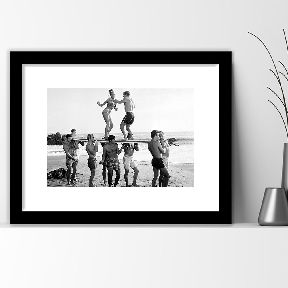 Surfers Beach Party Print, Black and White Wall Art, Summer Beach House Decor, Framed Art Print White Border Wall Decor
