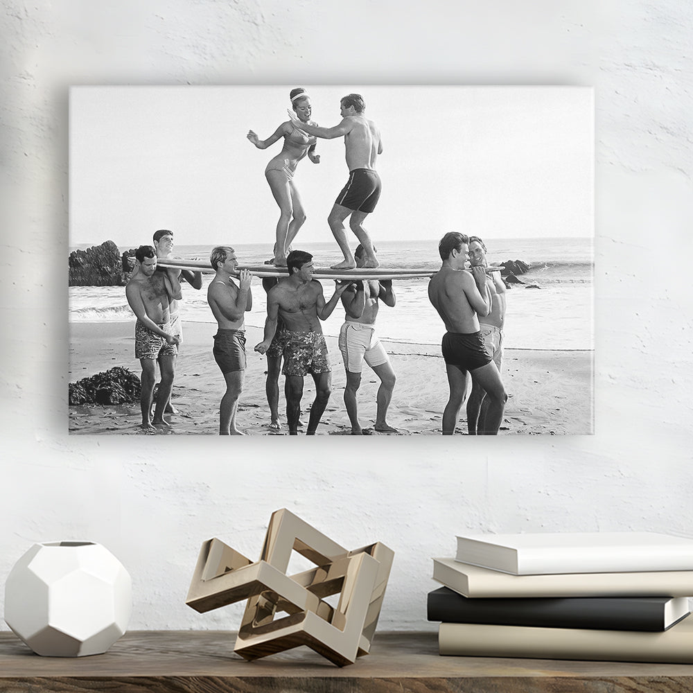 Surfers Beach Party Print, Black and White Wall Art, Summer Beach House Decor, Canvas Print Wall Art Decor