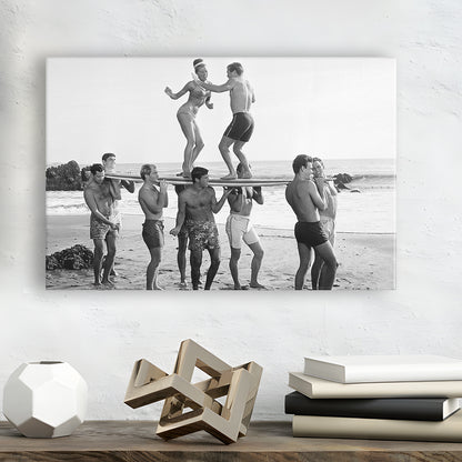 Surfers Beach Party Print, Black and White Wall Art, Summer Beach House Decor, Canvas Print Wall Art Decor