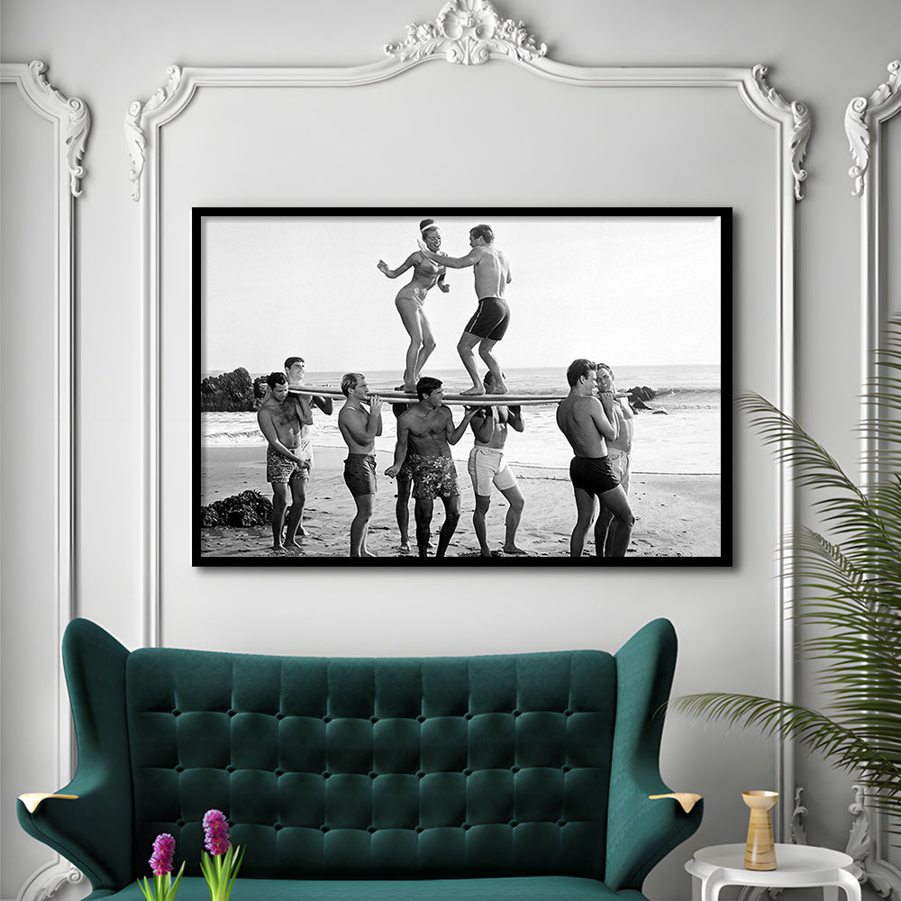 Surfers Beach Party Print, Black and White Wall Art, Summer Beach House Decor, Framed Art Print Wall Decor