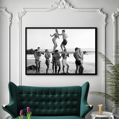 Surfers Beach Party Print, Black and White Wall Art, Summer Beach House Decor, Framed Art Print Wall Decor
