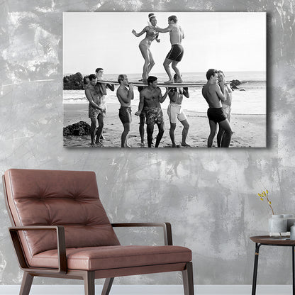 Surfers Beach Party Print, Black and White Wall Art, Summer Beach House Decor, Canvas Print Wall Art Decor