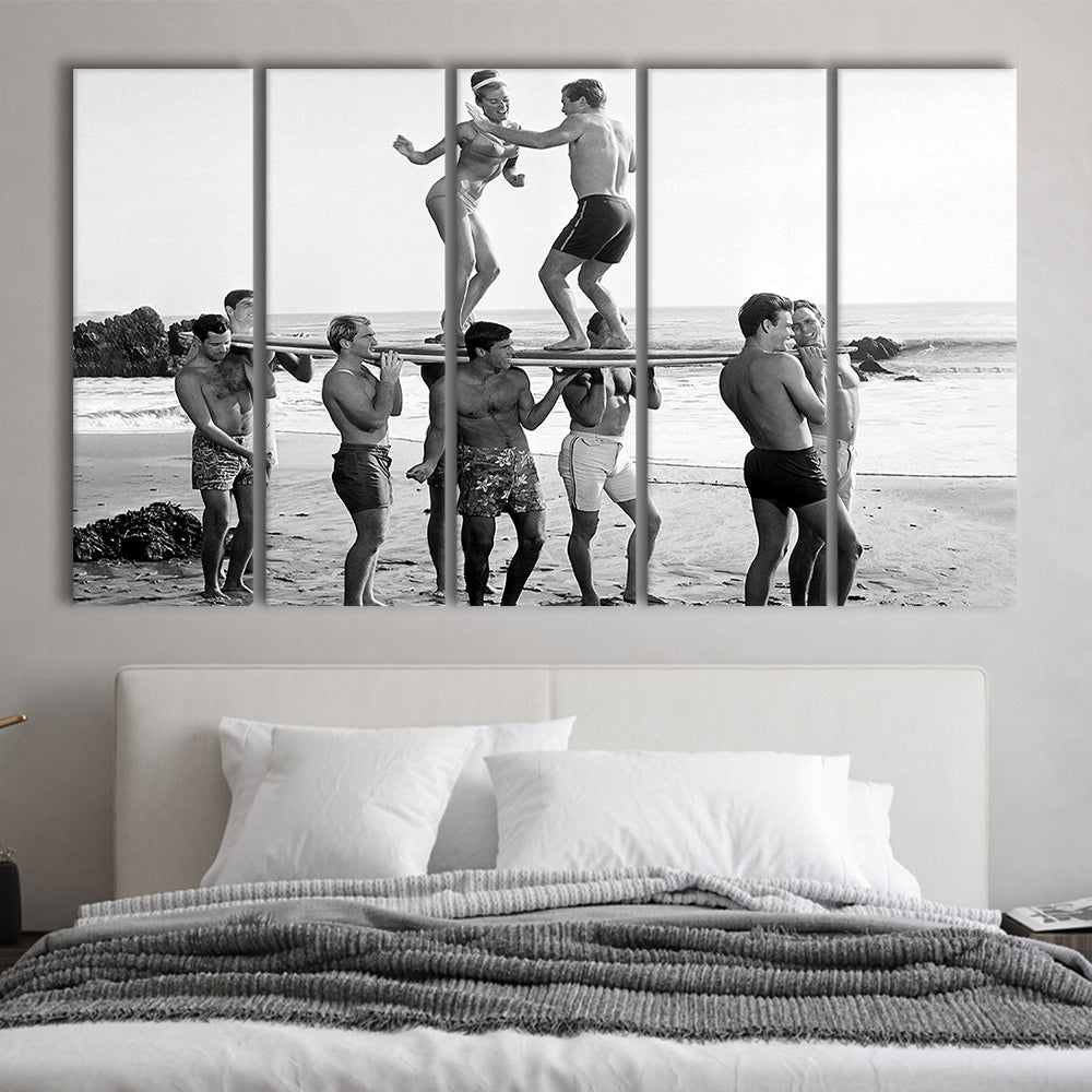 Surfers Beach Party Print, Black and White Wall Art, Summer Beach House Decor, 5 Pieces Large Canvas Print