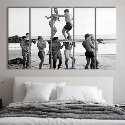 Surfers Beach Party Print, Black and White Wall Art, Summer Beach House Decor, 5 Pieces Large Canvas Print