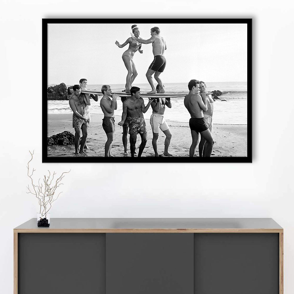 Surfers Beach Party Print, Black and White Wall Art, Summer Beach House Decor, Framed Art Print Wall Decor