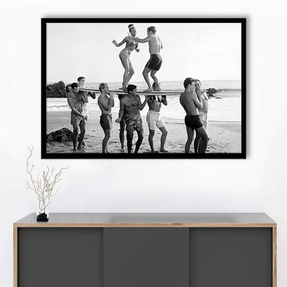 Surfers Beach Party Print, Black and White Wall Art, Summer Beach House Decor, Framed Art Print Wall Decor
