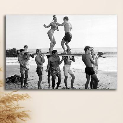 Surfers Beach Party Print, Black and White Wall Art, Summer Beach House Decor, Canvas Print Wall Art Decor