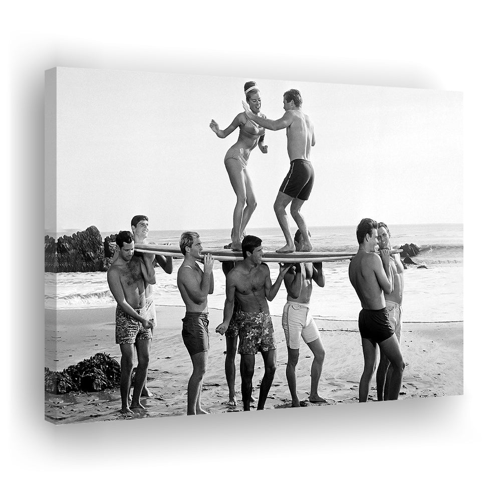 Surfers Beach Party Print, Black and White Wall Art, Summer Beach House Decor, Canvas Print Wall Art Decor