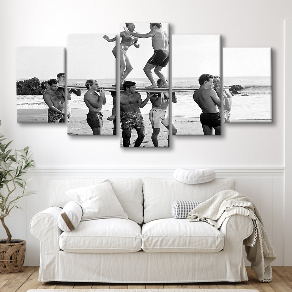 Surfers Beach Party Print, Black and White Wall Art, Summer Beach House Decor, Mixed 5 Pieces Canvas Print