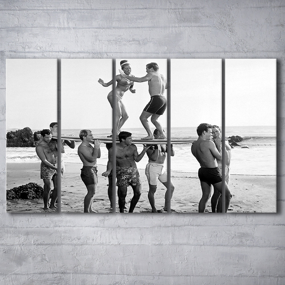 Surfers Beach Party Print, Black and White Wall Art, Summer Beach House Decor, 5 Pieces Large Canvas Print