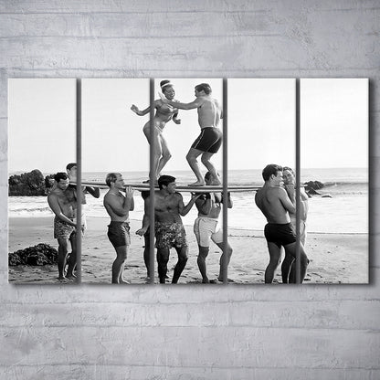Surfers Beach Party Print, Black and White Wall Art, Summer Beach House Decor, 5 Pieces Large Canvas Print