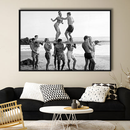 Surfers Beach Party Print, Black and White Wall Art, Summer Beach House Decor, Floating Framed Canvas Print