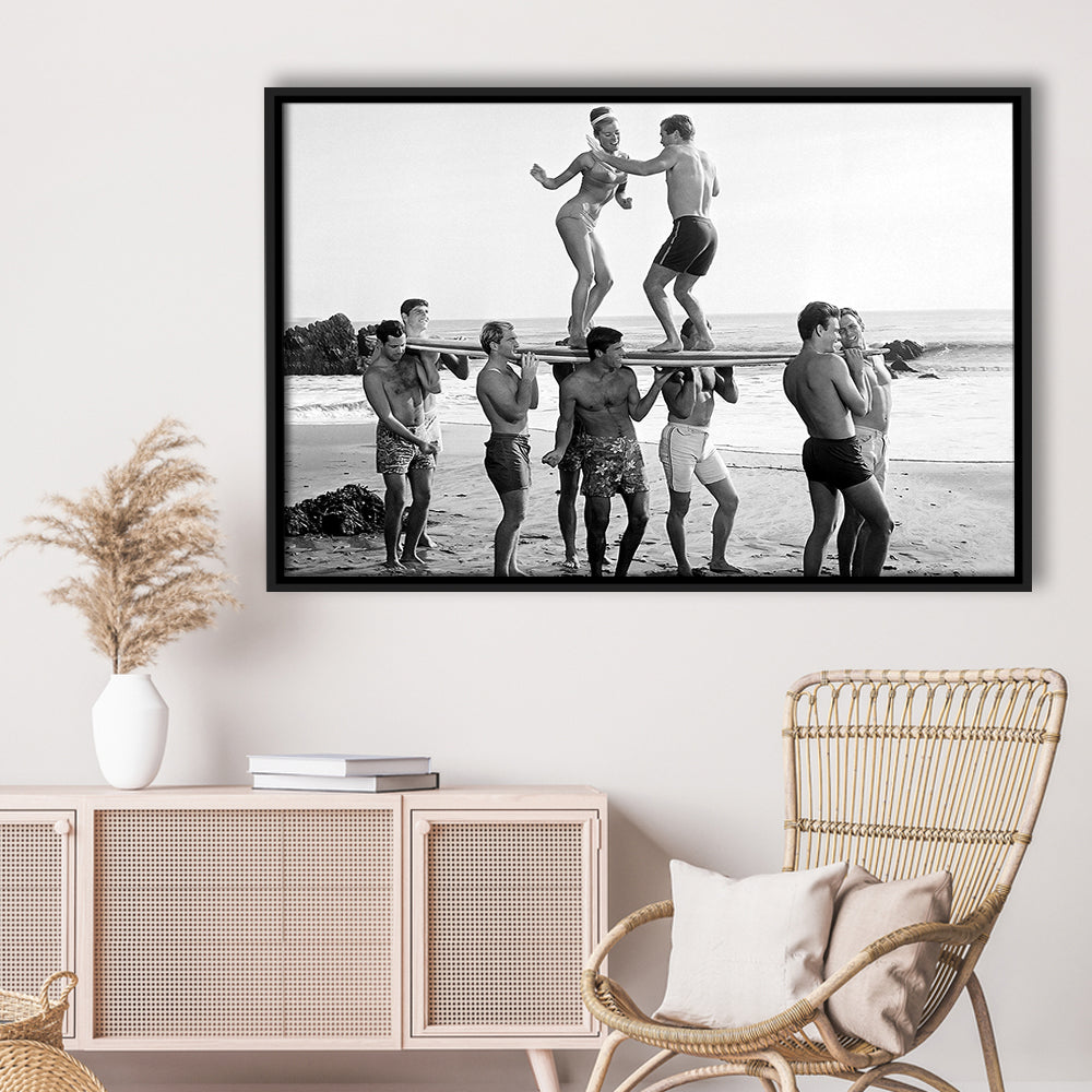 Surfers Beach Party Print, Black and White Wall Art, Summer Beach House Decor, Floating Framed Canvas Print