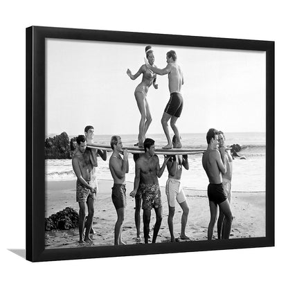 Surfers Beach Party Print, Black and White Wall Art, Summer Beach House Decor, Framed Art Print Wall Decor