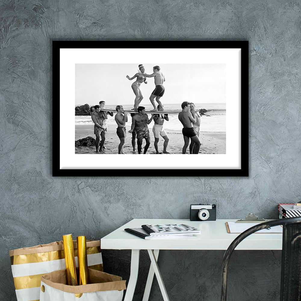 Surfers Beach Party Print, Black and White Wall Art, Summer Beach House Decor, Framed Art Print White Border Wall Decor