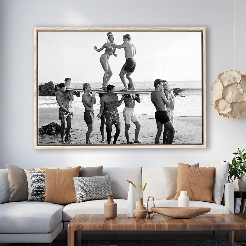 Surfers Beach Party Print, Black and White Wall Art, Summer Beach House Decor, Floating Framed Canvas Print