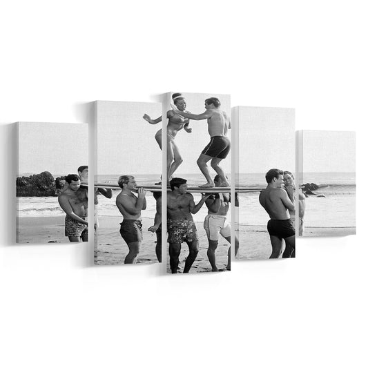 Surfers Beach Party Print, Black and White Wall Art, Summer Beach House Decor, Mixed 5 Pieces Canvas Print