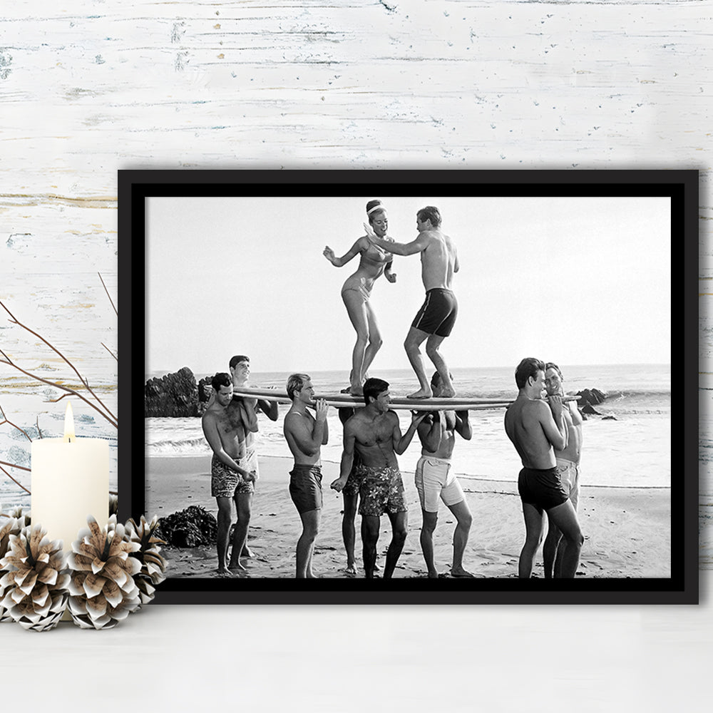 Surfers Beach Party Print, Black and White Wall Art, Summer Beach House Decor, Floating Framed Canvas Print