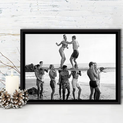 Surfers Beach Party Print, Black and White Wall Art, Summer Beach House Decor, Floating Framed Canvas Print