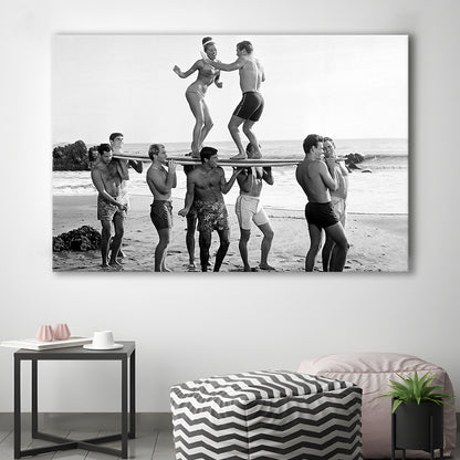 Surfers Beach Party Print, Black and White Wall Art, Summer Beach House Decor, Canvas Print Wall Art Decor