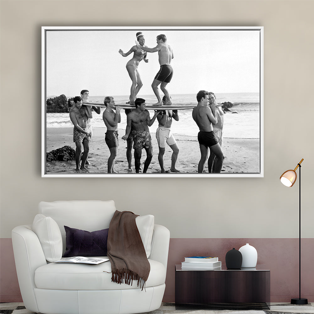 Surfers Beach Party Print, Black and White Wall Art, Summer Beach House Decor, Floating Framed Canvas Print