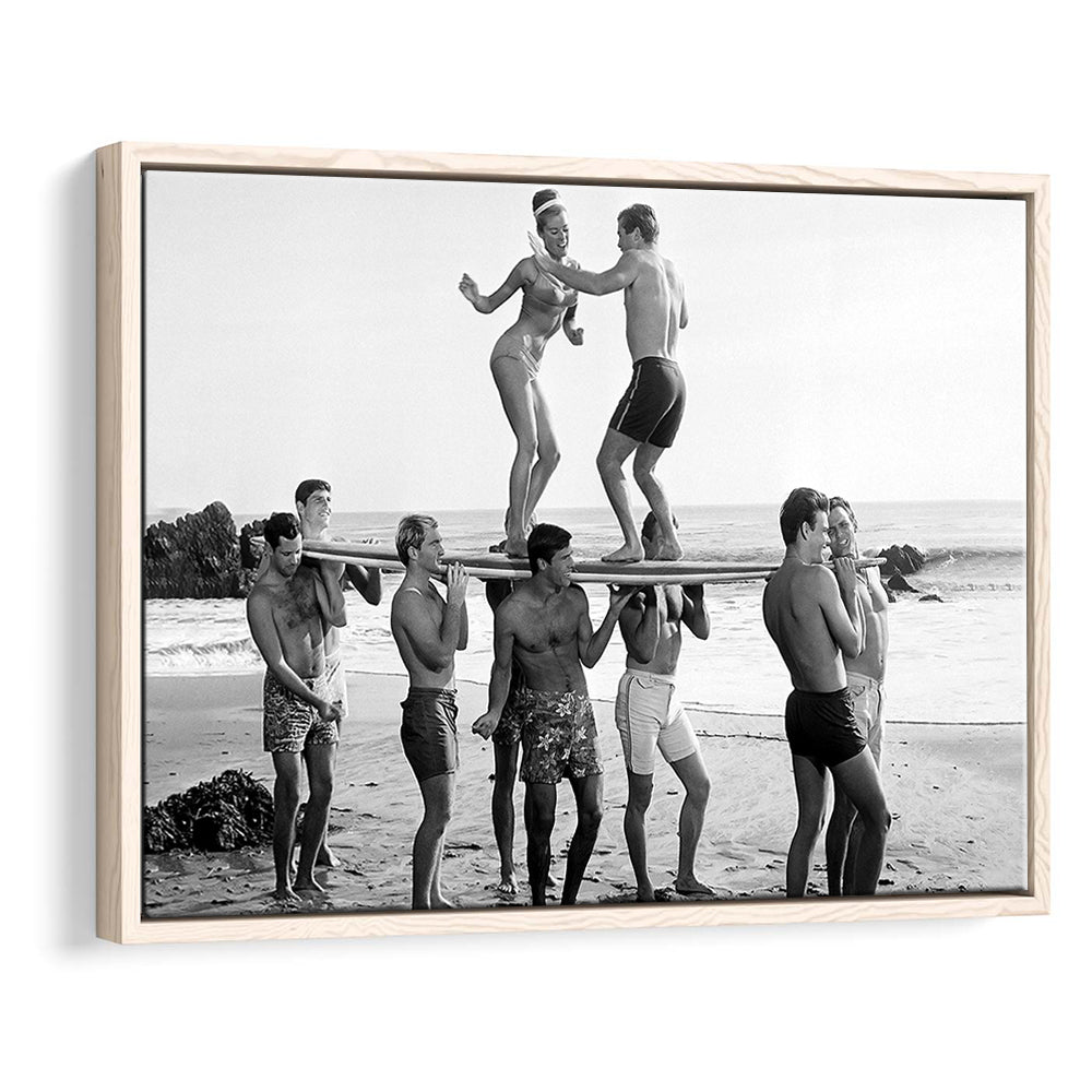Surfers Beach Party Print, Black and White Wall Art, Summer Beach House Decor, Floating Framed Canvas Print