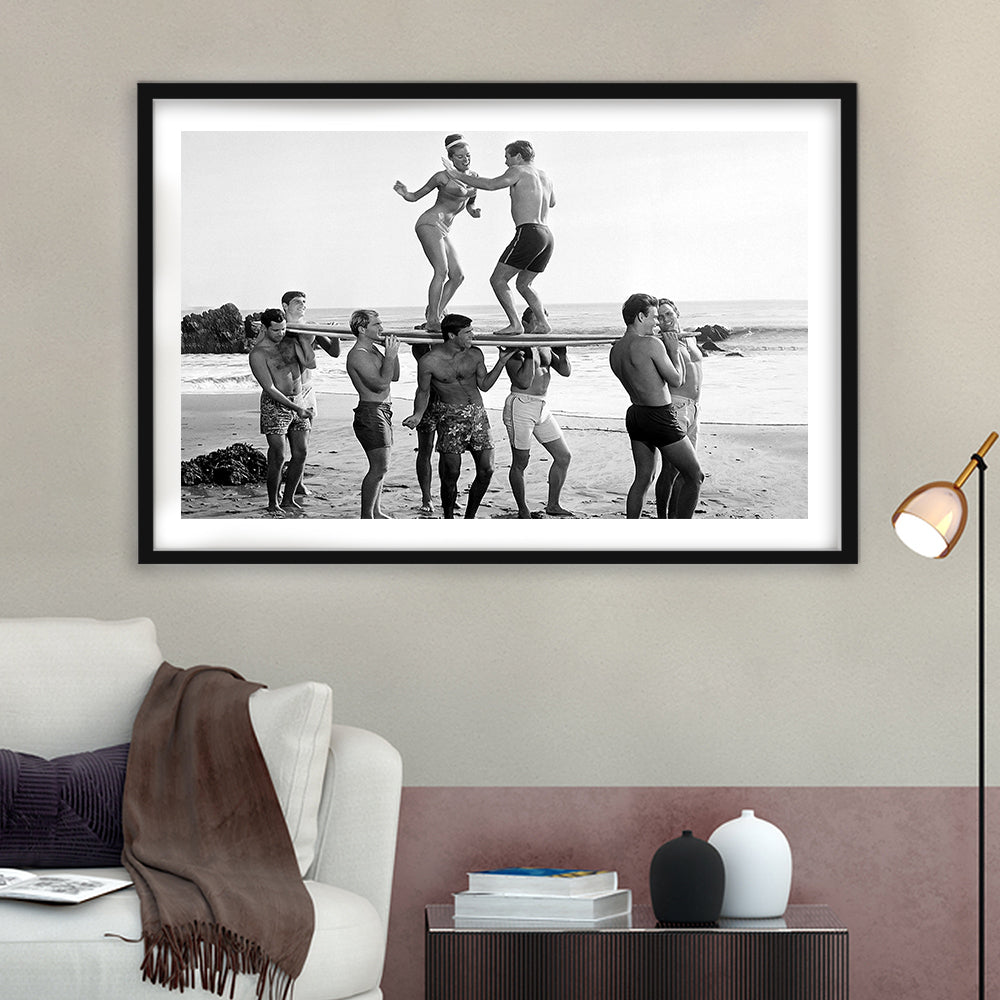 Surfers Beach Party Print, Black and White Wall Art, Summer Beach House Decor, Framed Art Print White Border Wall Decor
