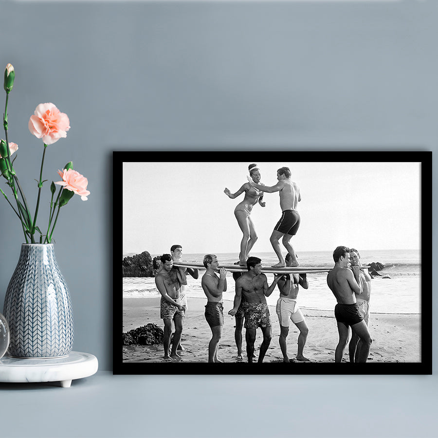 Surfers Beach Party Print, Black and White Wall Art, Summer Beach House Decor, Framed Art Print Wall Decor