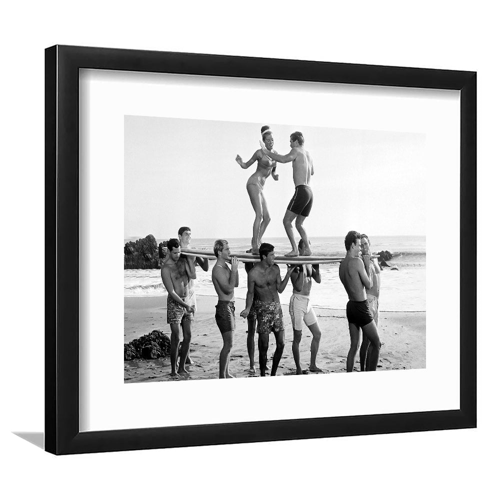 Surfers Beach Party Print, Black and White Wall Art, Summer Beach House Decor, Framed Art Print White Border Wall Decor