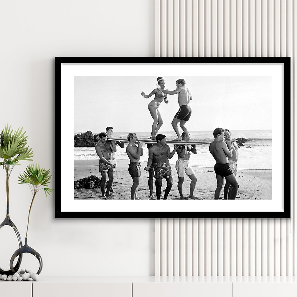 Surfers Beach Party Print, Black and White Wall Art, Summer Beach House Decor, Framed Art Print White Border Wall Decor