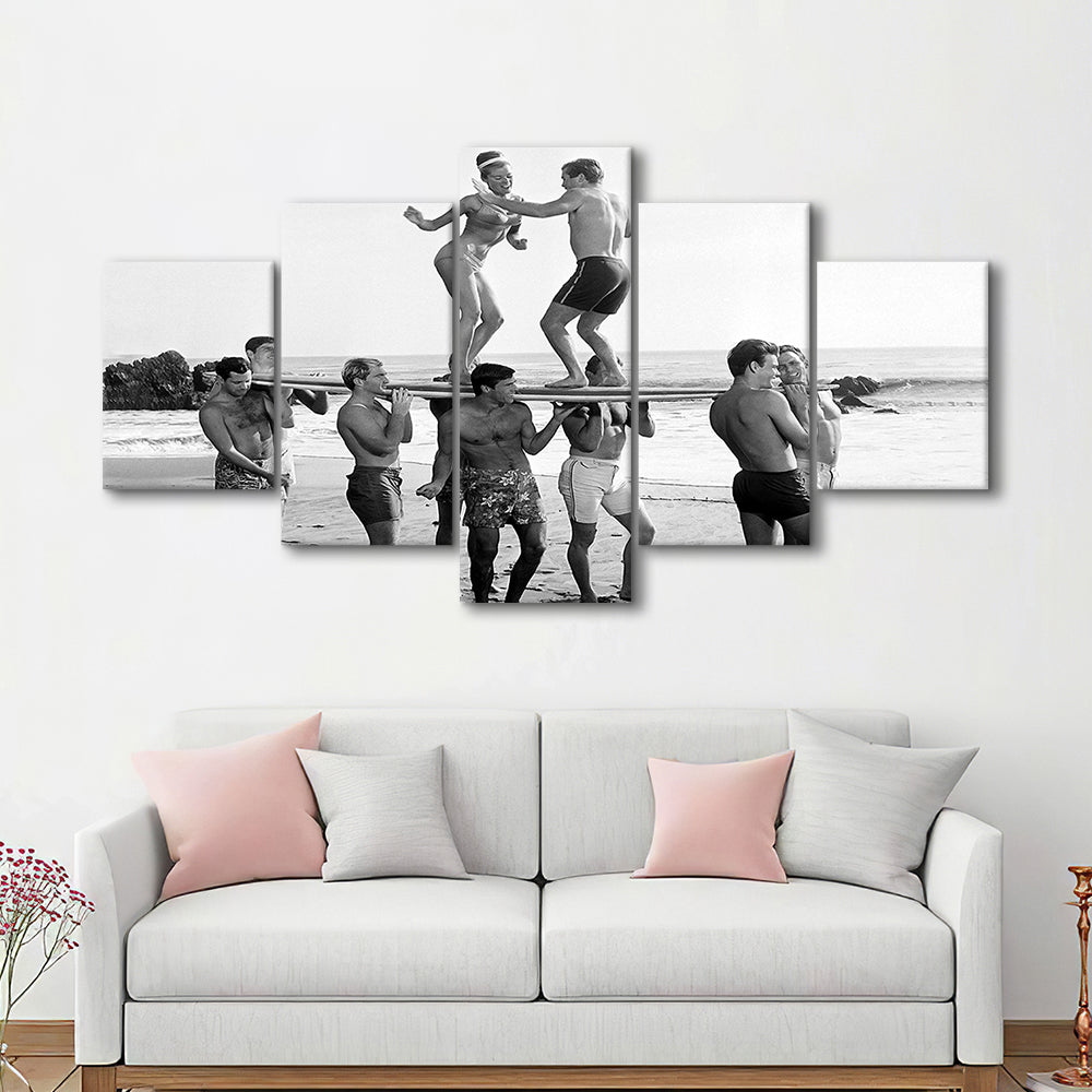 Surfers Beach Party Print, Black and White Wall Art, Summer Beach House Decor, Mixed 5 Pieces Canvas Print