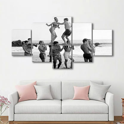 Surfers Beach Party Print, Black and White Wall Art, Summer Beach House Decor, Mixed 5 Pieces Canvas Print