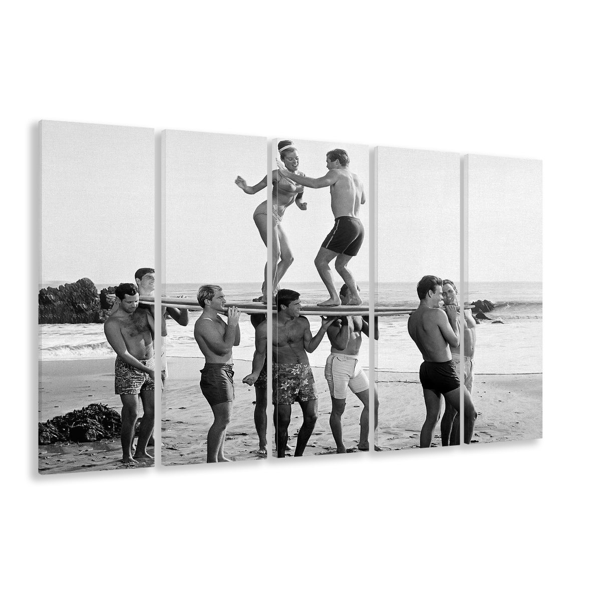Surfers Beach Party Print, Black and White Wall Art, Summer Beach House Decor, 5 Pieces Large Canvas Print