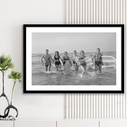 Surfers on the Beach Black and White Art Retro Coastal Wall Art, Framed Art Print White Border Wall Decor