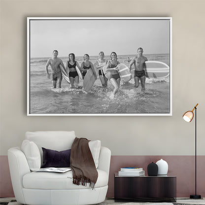Surfers on the Beach Black and White Art Retro Coastal Wall Art, Floating Framed Canvas Print