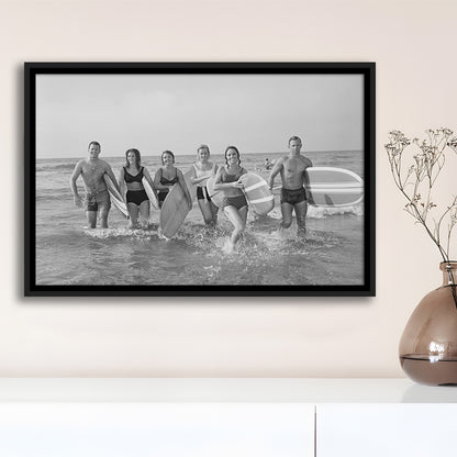 Surfers on the Beach Black and White Art Retro Coastal Wall Art, Floating Framed Canvas Print