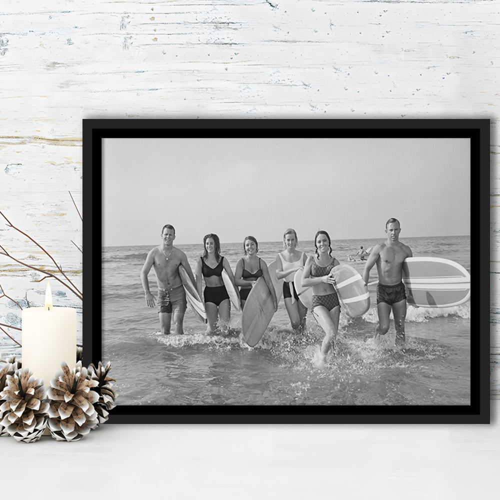 Surfers on the Beach Black and White Art Retro Coastal Wall Art, Floating Framed Canvas Print