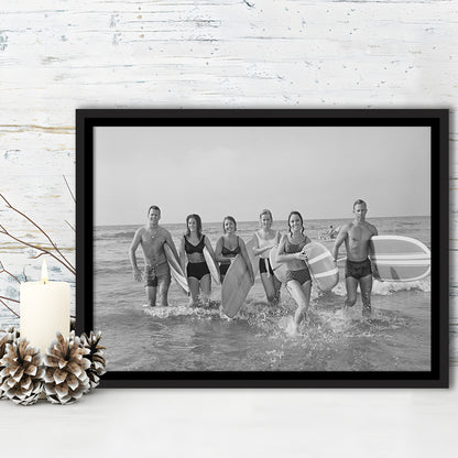 Surfers on the Beach Black and White Art Retro Coastal Wall Art, Floating Framed Canvas Print