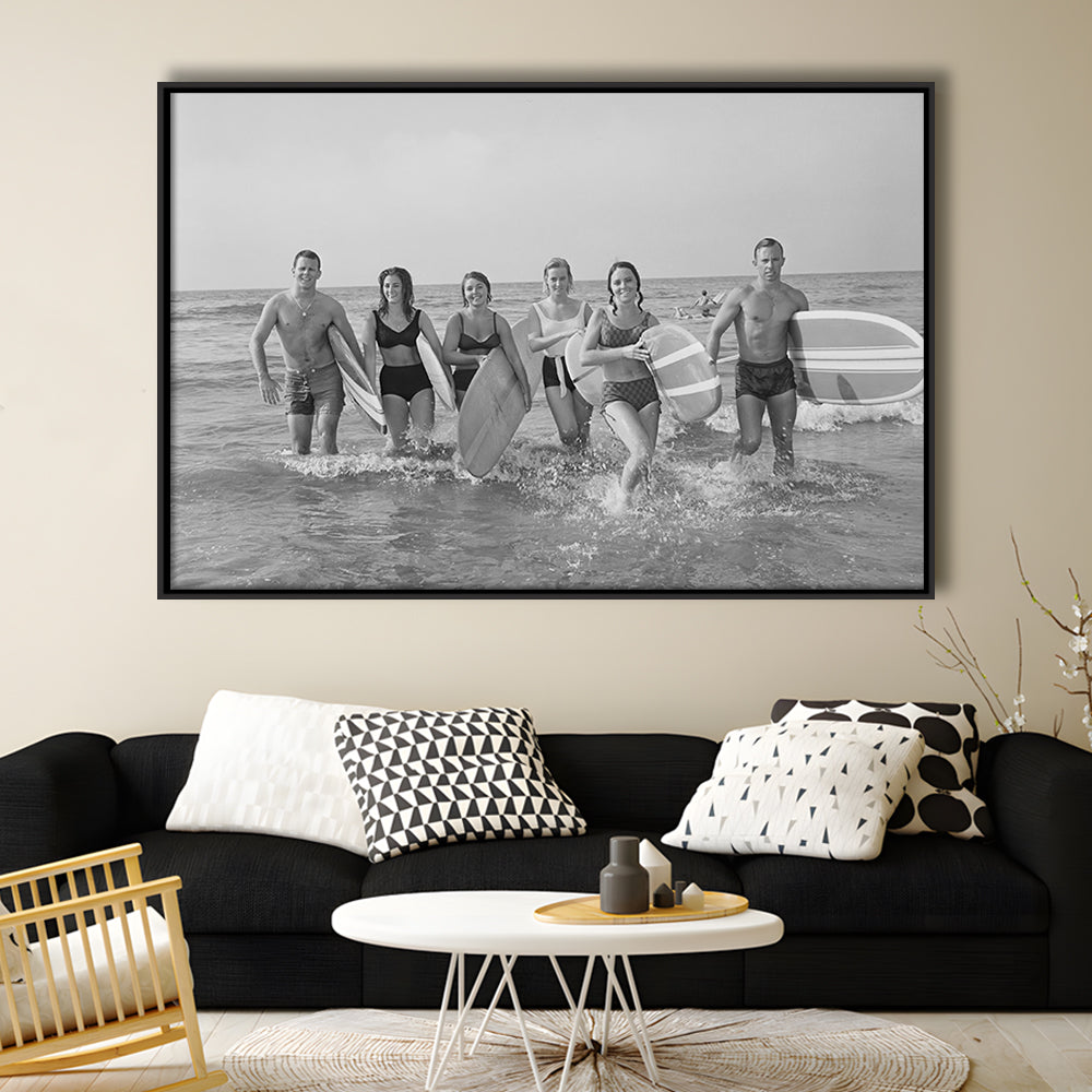 Surfers on the Beach Black and White Art Retro Coastal Wall Art, Floating Framed Canvas Print