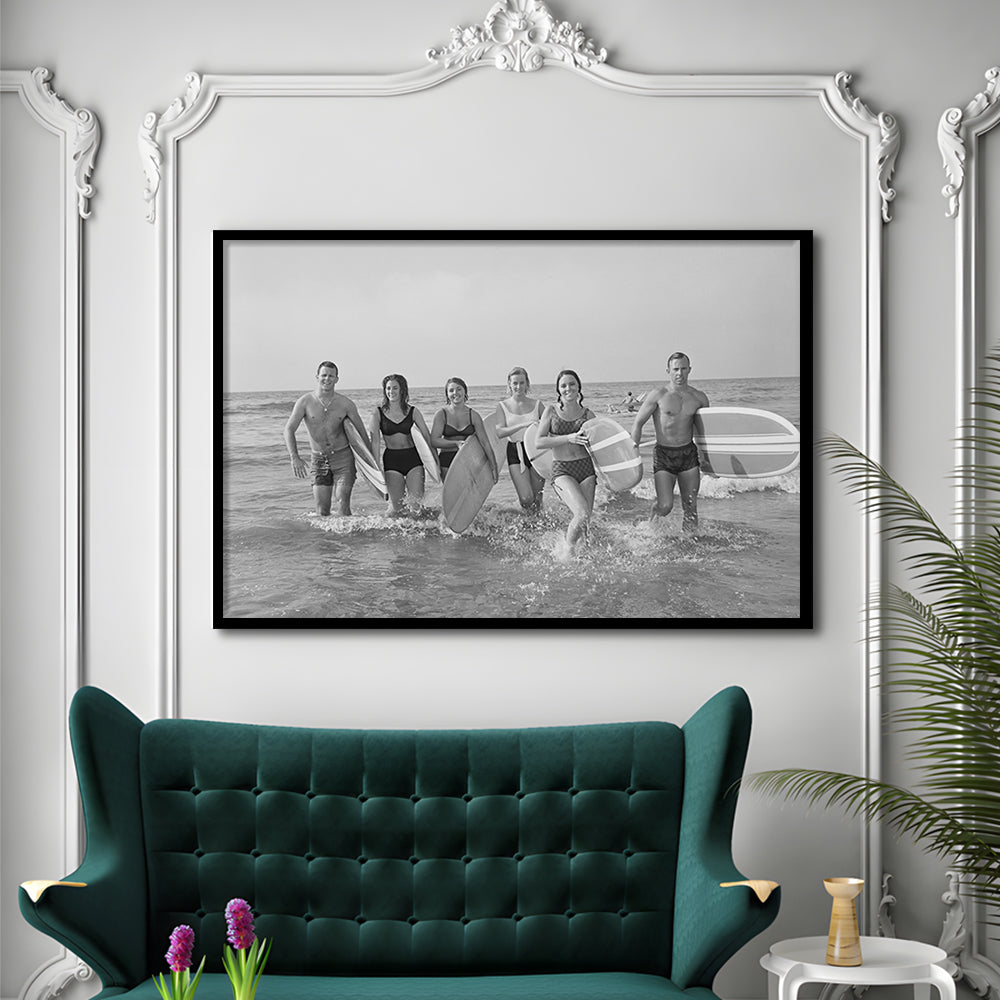 Surfers on the Beach Black and White Art Retro Coastal Wall Art, Framed Art Print Wall Decor
