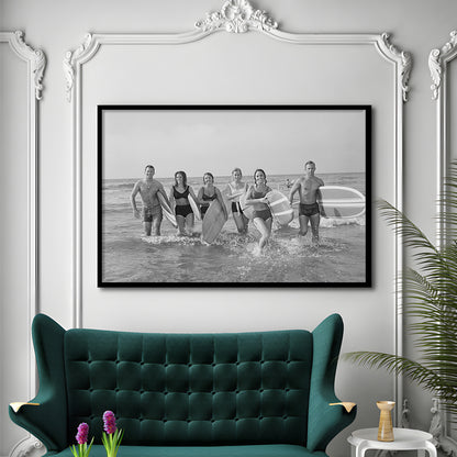 Surfers on the Beach Black and White Art Retro Coastal Wall Art, Framed Art Print Wall Decor