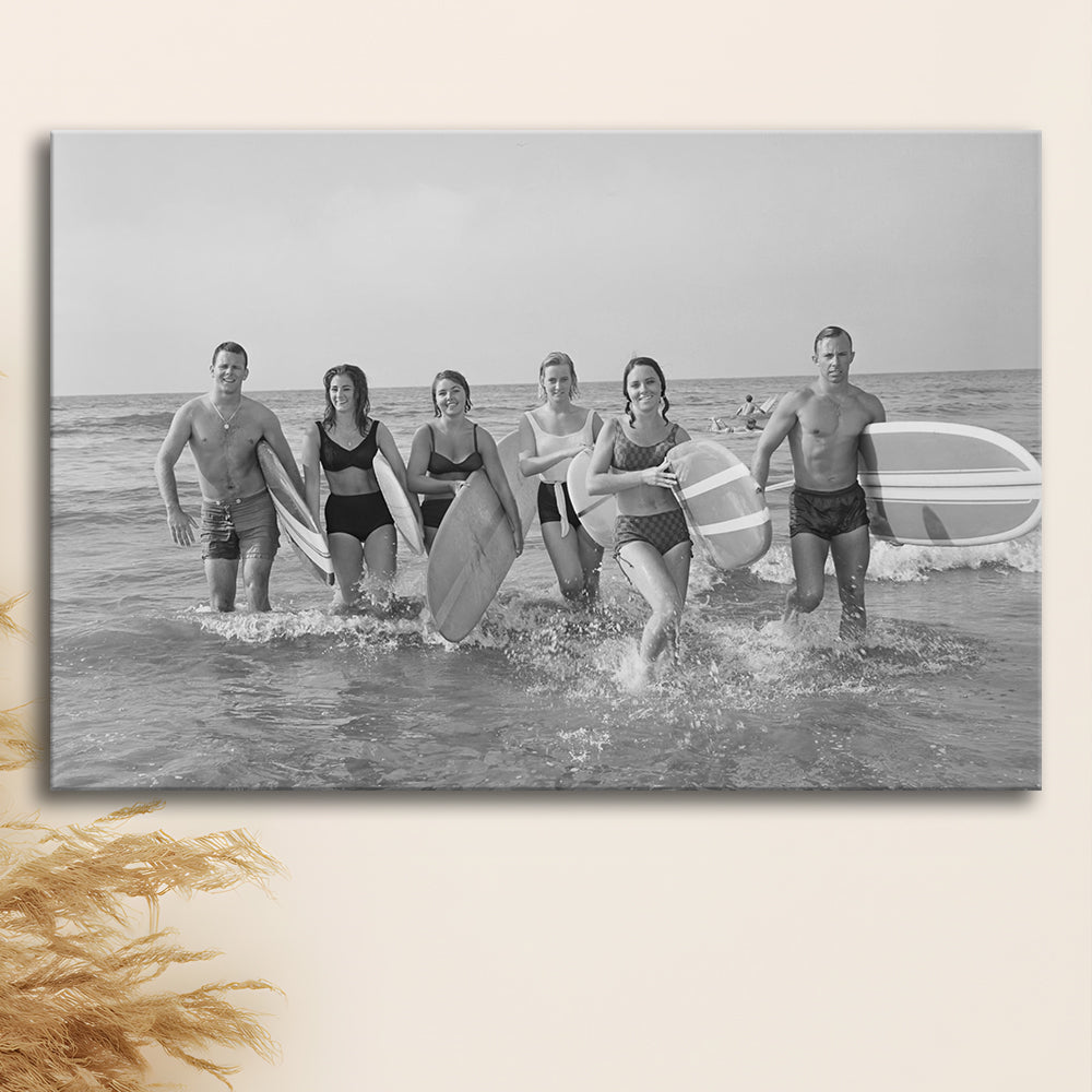 Surfers on the Beach Black and White Art Retro Coastal Wall Art, Canvas Print Wall Art Decor
