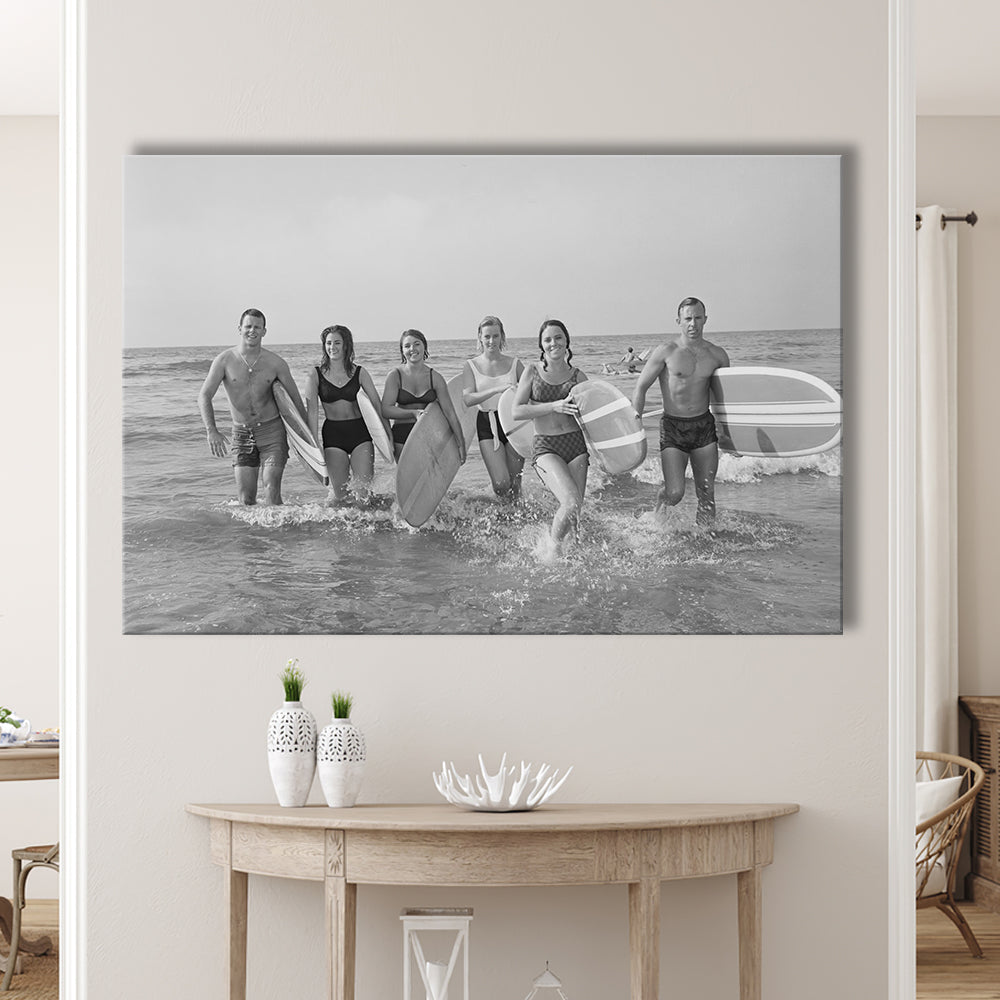 Surfers on the Beach Black and White Art Retro Coastal Wall Art, Canvas Print Wall Art Decor