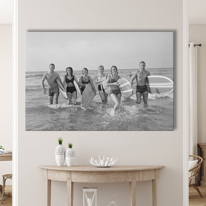 Surfers on the Beach Black and White Art Retro Coastal Wall Art, Canvas Print Wall Art Decor