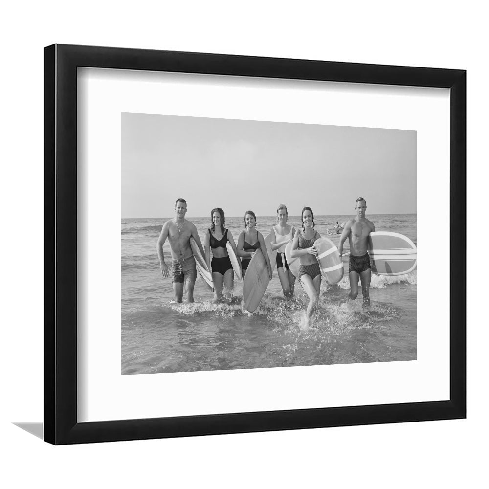Surfers on the Beach Black and White Art Retro Coastal Wall Art, Framed Art Print White Border Wall Decor
