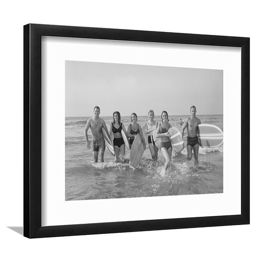 Surfers on the Beach Black and White Art Retro Coastal Wall Art, Framed Art Print White Border Wall Decor