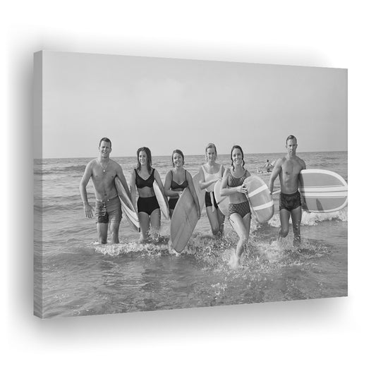 Surfers on the Beach Black and White Art Retro Coastal Wall Art, Canvas Print Wall Art Decor