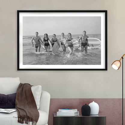 Surfers on the Beach Black and White Art Retro Coastal Wall Art, Framed Art Print White Border Wall Decor